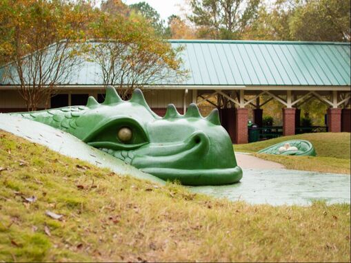 Large sculpture of a green dragon's head emerging from a hillside with a picnic shelter in the background at Kids Together Playground in Cary, NC